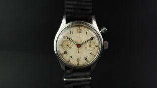 GENTLEMEN'S MILITARY LEMANIA CHRONOGRAPH MONOPUSHER, circular patina dial with Arabic numerals,