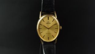 LADIES' OMEGA GENEVE WRISTWATCH, oval gold dial with black and gold hour markers, 26mm gold plated