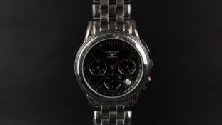 GENTLEMEN'S LONGINES CHRONOGRAPH DATE WRISTWATCH, circular black triple register dial and a date