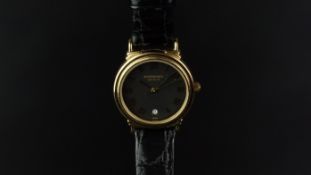 LADIES' RAYMOND WEIL WRISTWATCH, circular black dial with gold hands, stepped bezel on a 23mm gold