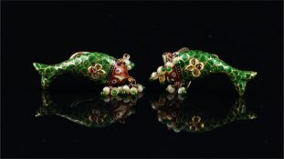 Jaipur enamel fish ear clips, with green, blue and red enamel and diamond and ruby detail, mounted