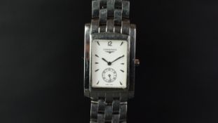 MID SIZE LONGINES WRISTWATCH, rectangular white dial with silver hour markers and hands, sub dial,