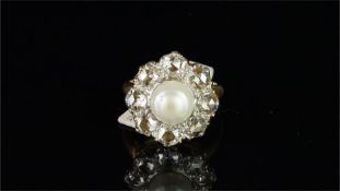 Natural pearl and diamond cluster ring, central 8.5mm natural pearl, surrounded by rose cut diamond,