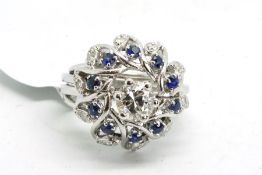 Sapphire and diamond ring, designed as a central single stone diamond ring, old cut diamond,