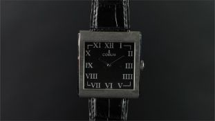 GENTLEMEN'S CORUM BUCKINGHAM WRISTWATCH, square black dial with Roman numerals and silver hands,