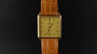 LADIES' OMEGA DE VILLE WRISTWATCH, square gold dial with gold hour markers and hands, stepped