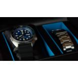 NOS SEIKO TURTLE BLUE LAGOON AUTOMATIC DIVERS WATCH, circular blue radial dial, luminous hands and