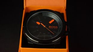 GENTLEMEN'S BLACK STAINLESS STEEL HUGO BOSS QUARTZ WRISTWATCH, ref HB.221.1.34.2625, circular 49mm