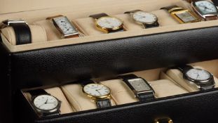 A COLLECTION OF 10 WATCHES INCLUDING A SPLIT LEVEL WATCH BOX, watches include Tissot, Gerrard,