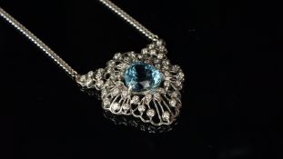 An aquamarine and diamond necklace, central trilliant cut aquamarine, weighing an estimated 13.85ct,