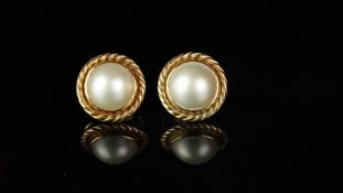 A pair of mabe pearl earrings, 12.77mm mabe pearls, in a gold rope border, in 9ct yellow gold,