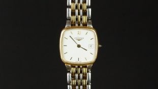 LADIES' LONGINES FLAGSHIP WRISTWATCH, square white dial with baton hour markers and a date aperture,