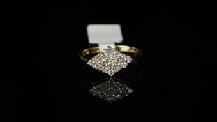 Diamond cluster ring, mounted in hallmarked 9ct yellow gold, sixteen round diamonds, claw set,