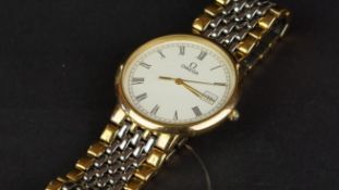 MENS OMEGA G/P WRISTWATCH, rounded square white dial with Roman numerals and a date aperture, gold