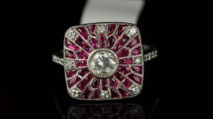 Art Deco ruby and diamond fancy cluster ring, mounted in unmarked white metal, central round