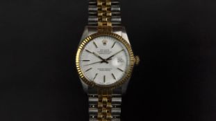 GENTLEMENâ€™S ROLEX BI-COLOUR OYSTER PERPETUAL DATE JUST, circular white dial with gold baton our