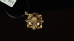 Diamond and enamel pendant, central old cut diamond, with four old cut diamonds set to the
