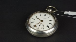 ANTIQUE J L KENNEDY SILVER POCKET WATCH, circular white dial with Roman numerals and sub dial,