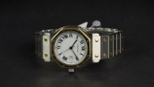 MID SIZE CARTIER SANTOS AUTOMATIC BI METAL WRISTWATCH, circular white dial with Roman numerals and a