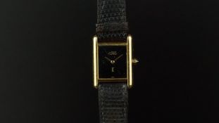 LADIES' MUST DE CARTIER TANK DRESS WATCH, black rectangular dial, 20mm gold plated silver case, case