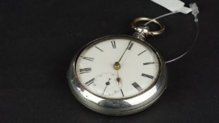 ANTIQUE FUSEE SILVER POCKET WATCH, circular white dial with Roman numerals and sub dial, gold hands,