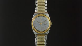 LADIES' OMEGA SEAMASTER WRISTWATCH, circular blue dial with gold hour markers and a date aperture,