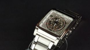 GENTLEMEN'S BULOVA SKELETON AUTOMATIC WRISTWATCH, square two tone skeleton dial with silver hour