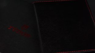 TUDOR WALLET - Black leather with red stitch detail, approximately 14x10cm, space for cards and