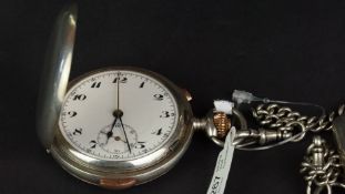 VINTAGE SILVER QUARTER REPEATER CHRONO HUNTER POCKET WATCH W/ ALBERT CHAIN SOVEREIGN HOLDER AND