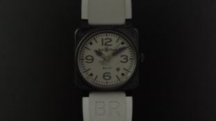 GENTLEMEN'S BELL & ROSS BR 03-92 AVIATION WRISTWATCH W/ BOX & PAPERS, circular grey dial with Arabic