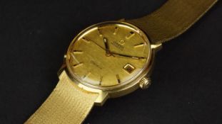 GENTLEMEN'S OMEGA GENEVE AUTOMATIC 18ct GOLD WRISTWATCH, circular gold brushed dial with gold hour