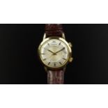 GENTLEMEN'S JAEGER LE COULTRE MEMOVOX 18ct GOLD WRISTWATCH, circular two tone silver dial with alarm