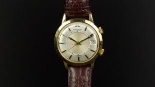 GENTLEMEN'S JAEGER LE COULTRE MEMOVOX 18ct GOLD WRISTWATCH, circular two tone silver dial with alarm