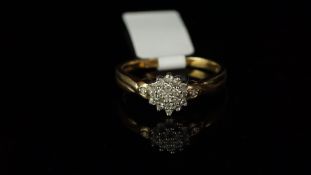 Diamond cluster ring, mounted in hallmarked 9ct yellow gold, twenty brilliant cut diamonds, claw