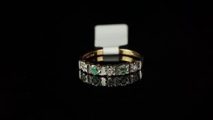 Emerald and diamond half eternity ring, mounted in hallmarked 9ct yellow gold, two round emeralds,