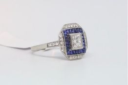 Art Deco style princess cut diamond and sapphire cocktail ring, central princess cut diamond