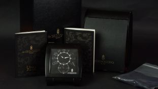 NO. 2 DE GRISOGONO DESK CLOCK W/ BOX & PAPERS, square black dial with large silver Arabic