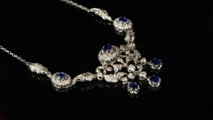Sapphire and diamond necklace, central openwork motif, set with three sapphire drops, designed