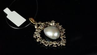 Antique pearl and diamond pendant, central baroque grey pearl, suspended within a wreath style heart