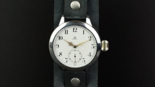 GENTLEMEN'S OMEGA JUMBO ANTIQUE CONVERSION WRISTWATCH, circular white dial with Arabic numerals,