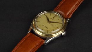 GENTLEMEN'S OMEGA SEAMASTER BI METAL WRISTWATCH, circular patina dial with gold hour markers and