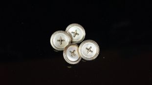 Mother of pearl button design chain cufflinks, mounted in yellow and white metal, engraved design to