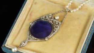 A pearl and diamond locket pendant, central circular locket, within an old-cut and single-cut