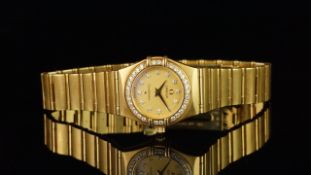 LADIES 18CT OMEGA CONSTELLATION, circular gold dial, diamond dot hour markers, diamond set bezel,