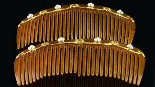Two pressed horn hair combs, with gold and pearl detail, a/f