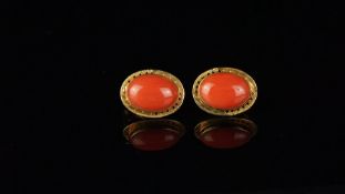 Coral earrings, oval cabochon dark pink coral, measuring approximately 13.1 x 9.8mm, weighing a
