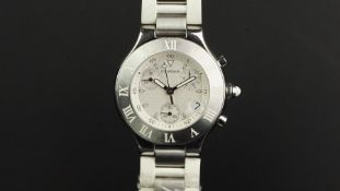 MID SIZE CARTIER 21 CHRONOGRAPH WRISTWATCH, circular white triple register dial with date aperture