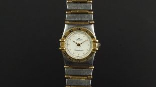 LADIES' OMEGA CONSTELLATION BI METAL WRISTWATCH, circular cream dial with gold hour markers and