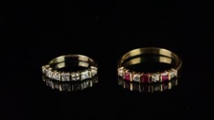 Pair of synthetic ruby and cubic zirconia rings, one mounted in hallmarked 14ct white gold, the