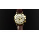 GENTLEMEN'S JAEGER LE COULTRE MEMOVOX 18ct GOLD WRISTWATCH, circular two tone silver dial with alarm